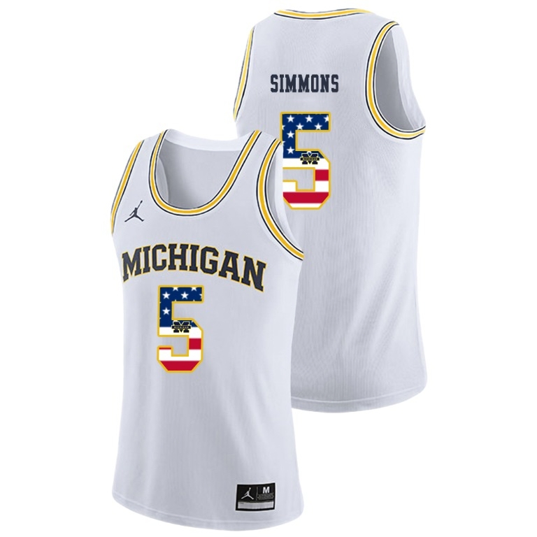 Michigan Wolverines Men's NCAA Jaaron Simmons #5 White Jordan Brand USA Flag College Basketball Jersey LTL4849PK